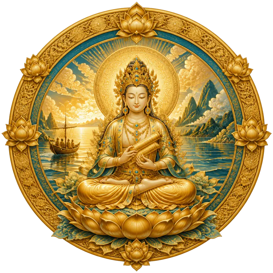 Heart Sutra mantra sacred art — golden Prajnaparamita, goddess of transcendent wisdom, holding a sutra with a boat crossing to the far shore behind her