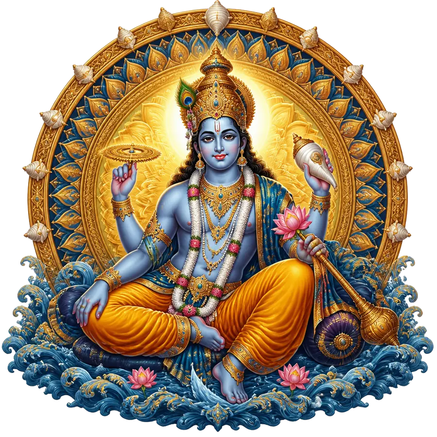 Om Namo Bhagavate Vasudevaya sacred art — Krishna as Vasudeva with conch and discus within an ornate blue and gold lotus mandala