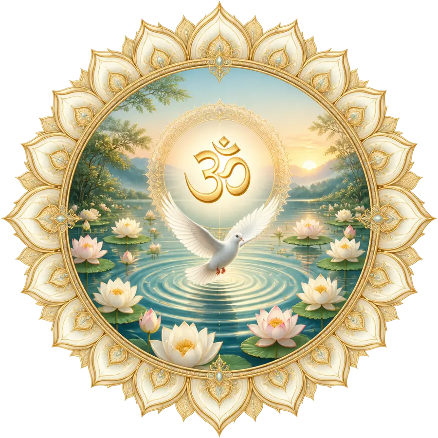 Shanti Mantra sacred art — a white dove above a calm lotus pond at dawn with a glowing Om, framed by an ivory and gold peace mandala