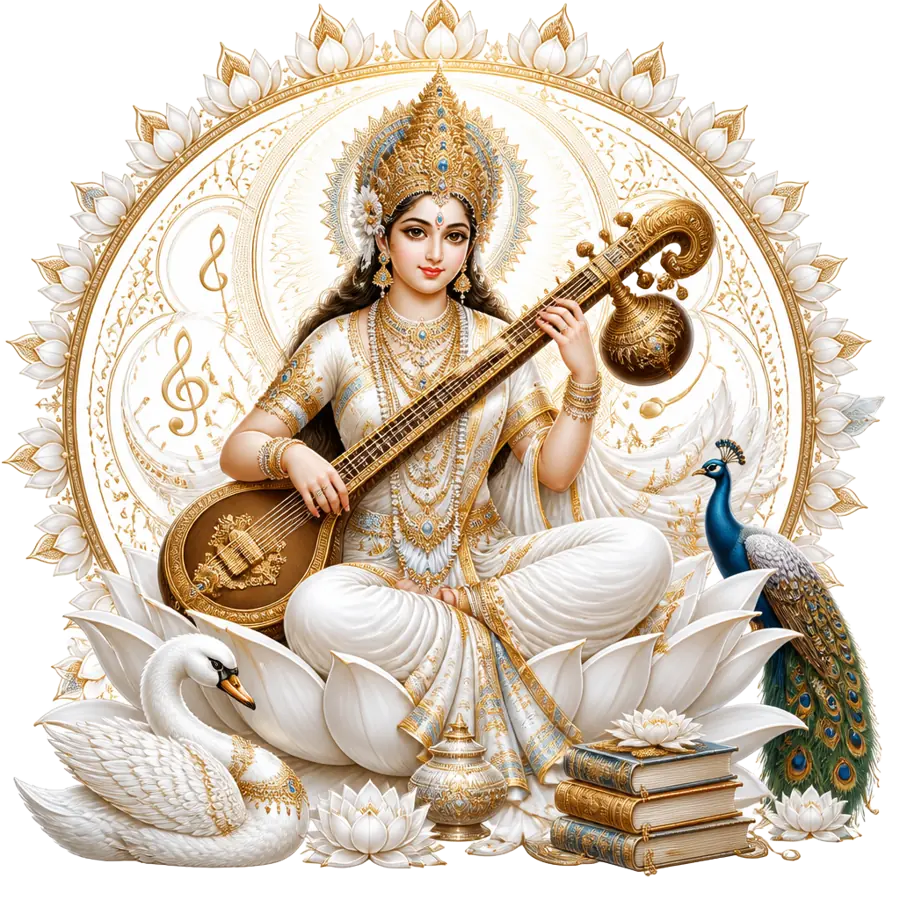 Saraswati Mantra sacred art — goddess Saraswati playing the veena on a white lotus within an ivory and gold wisdom mandala