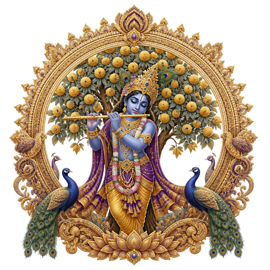 Hare Krishna Maha Mantra sacred art — Krishna and Radha surrounded by lotus blossoms, peacocks, and a radiant golden mandala