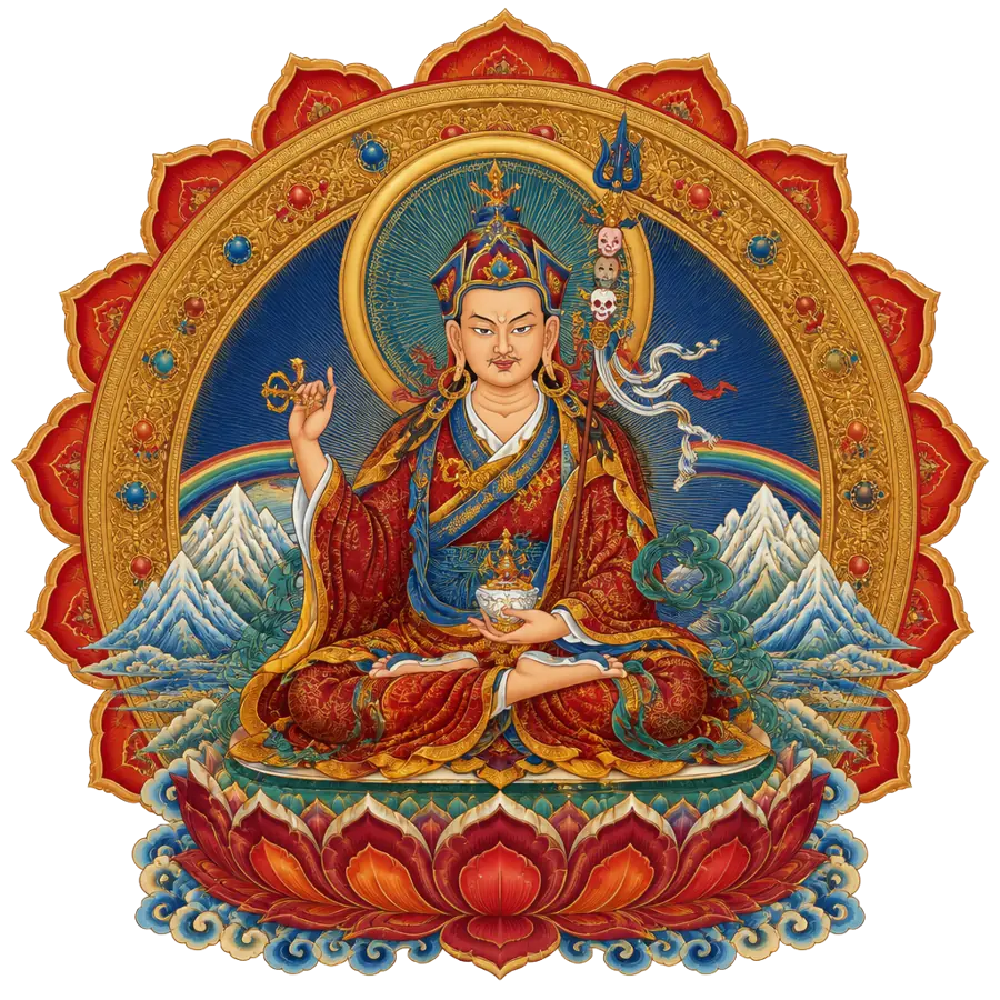 Guru Rinpoche Mantra sacred art — Padmasambhava holding vajra and skull cup before Himalayan peaks and a rainbow mandala