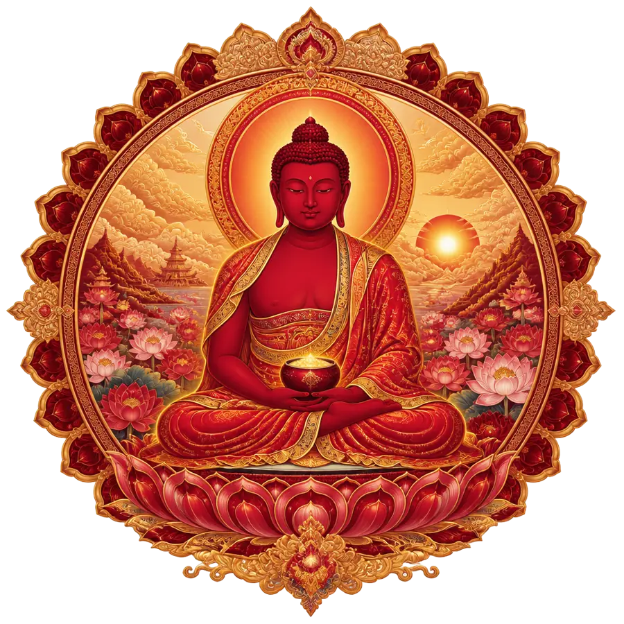 Amitabha Mantra sacred art — ruby-red Amitabha Buddha meditating in a lotus-filled Pure Land at sunset