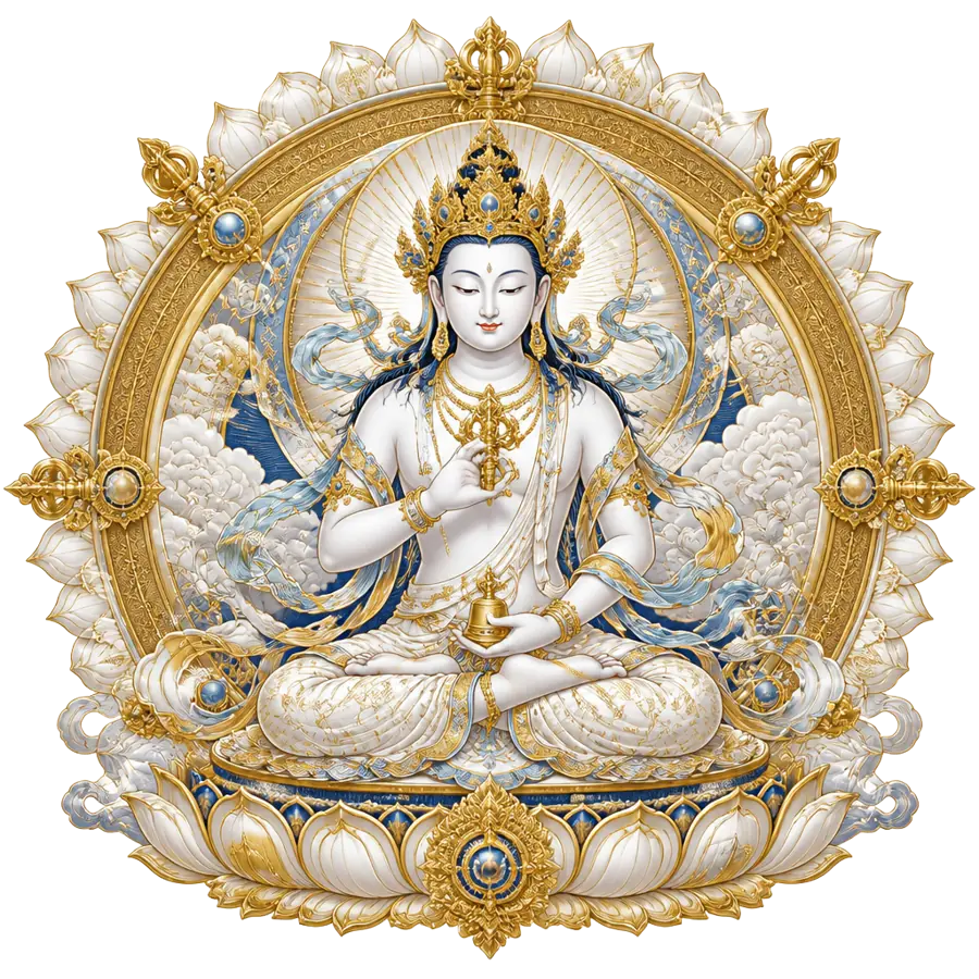 Vajrasattva Mantra sacred art — luminous white Vajrasattva holding vajra and bell within a gold and sapphire lotus mandala