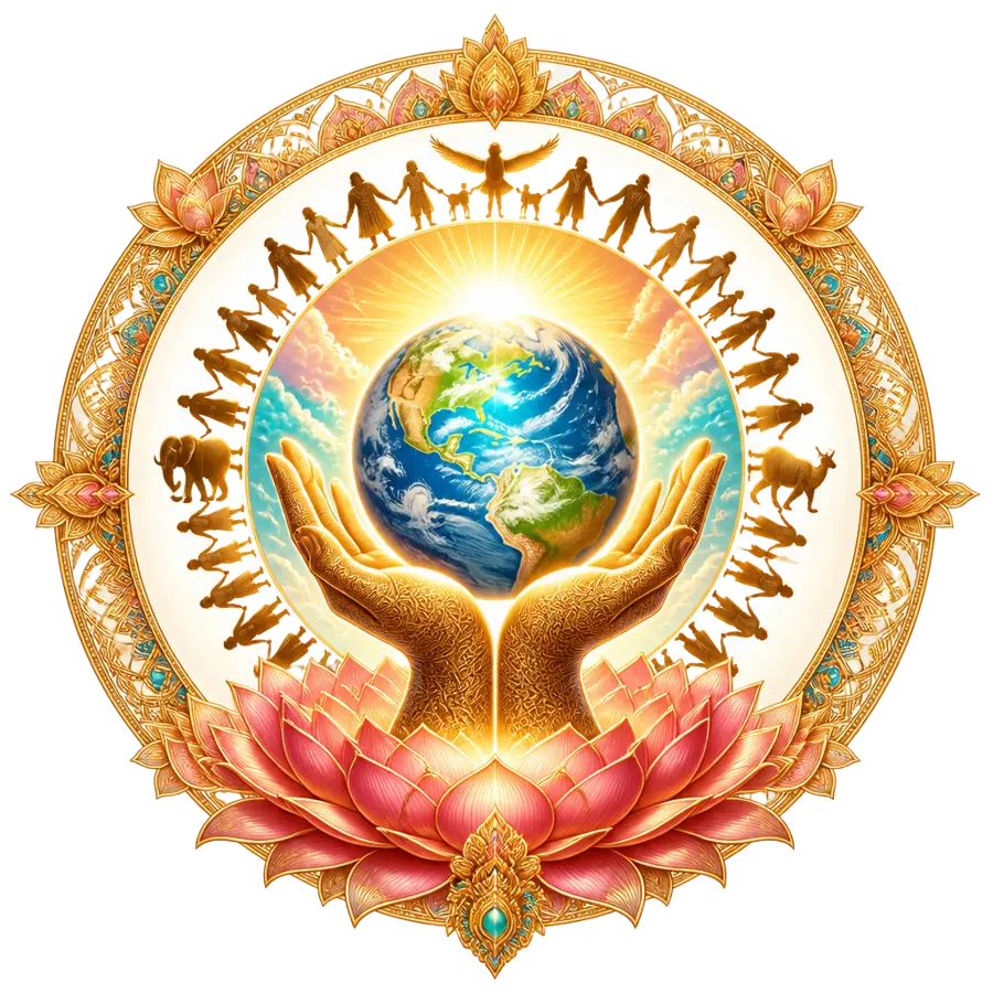Lokah Samastah Sukhino Bhavantu sacred art — diverse beings gathered around a luminous earth within a lotus mandala