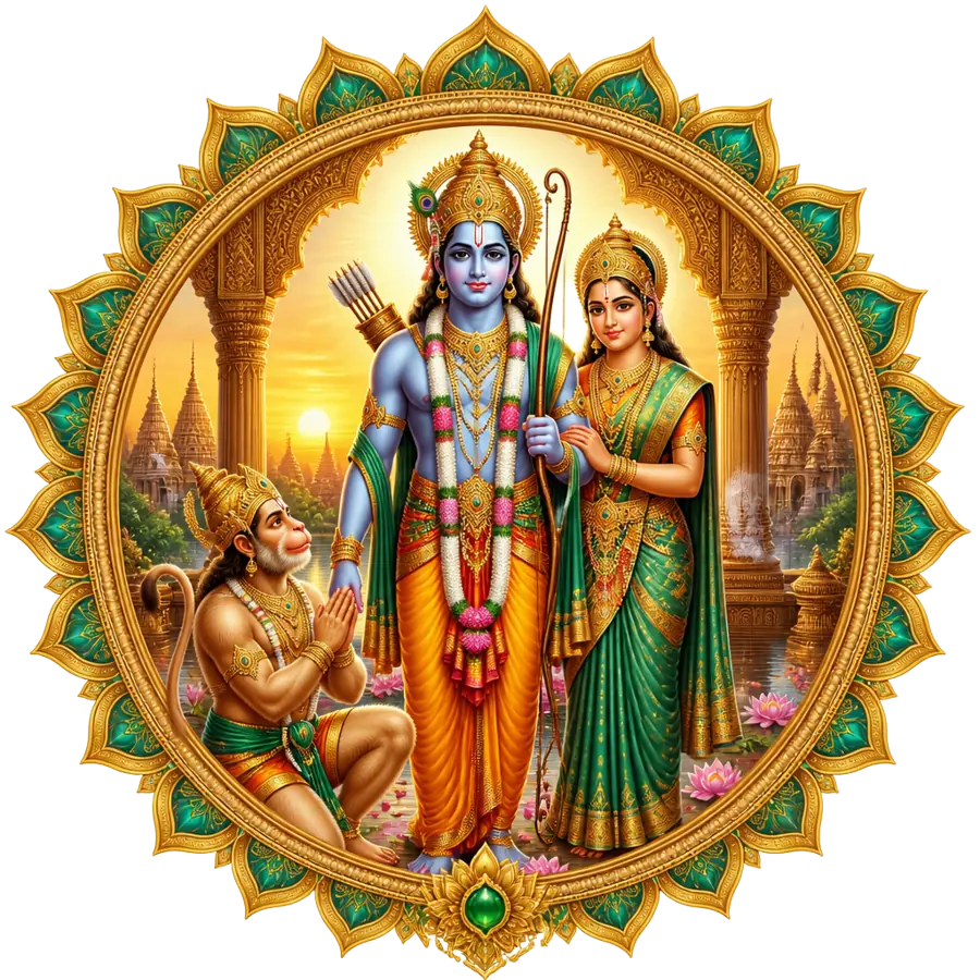 Ram Naam Mantra sacred art — Lord Rama with his bow beside Sita, with Hanuman kneeling in devotion before a golden temple at dawn