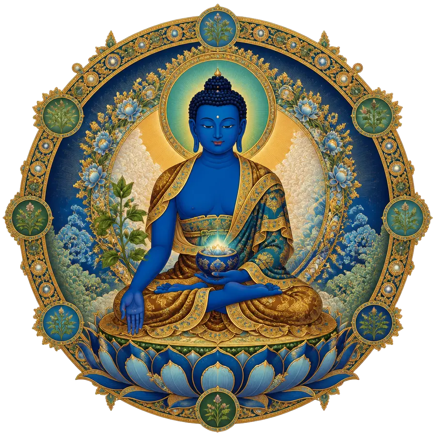 Medicine Buddha Mantra sacred art — lapis-blue Medicine Buddha holding healing nectar and a myrobalan plant within a golden herbal mandala