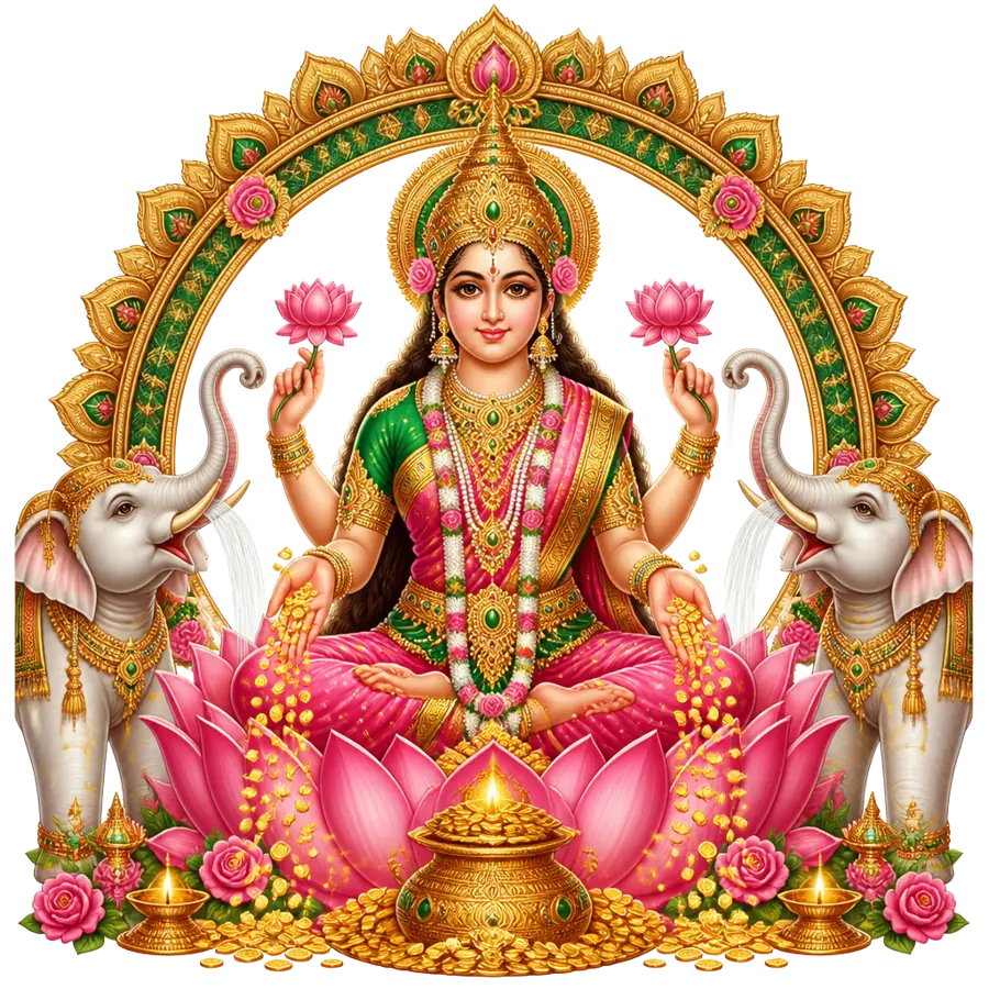 Om Shreem Mahalakshmiyei Namaha sacred art — Lakshmi seated on a pink lotus with gold coins and elephants in a radiant abundance mandala