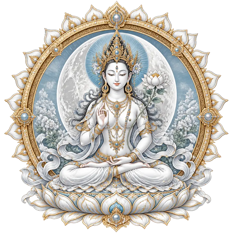 White Tara Mantra sacred art — seven-eyed White Tara seated on a moon-white lotus within a luminous gold and pearl mandala
