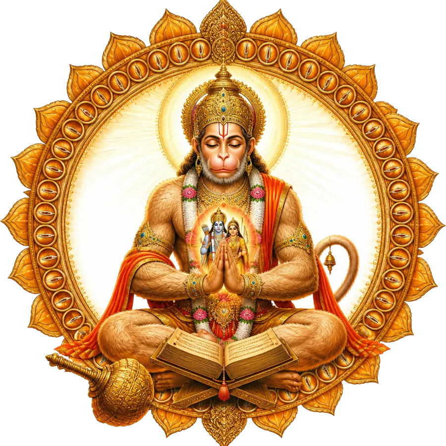 Hanuman Chalisa sacred art — Hanuman revealing Rama and Sita within his heart, framed by an ornate saffron and gold mandala