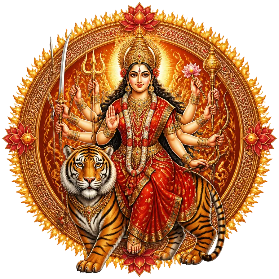 Om Dum Durgayei Namaha sacred art — goddess Durga riding a lion within a fiery red and gold protection mandala