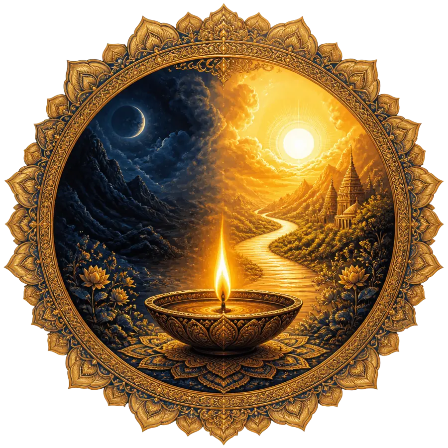 Asato Ma Sad Gamaya sacred art — a single oil lamp burning between night and golden dawn, a lit path leading to a temple, within an ornate gold mandala