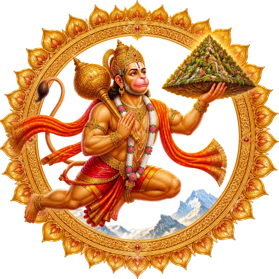 Hanuman Mantra sacred art — Hanuman kneeling in devotion with a golden mace before a radiant temple mandala