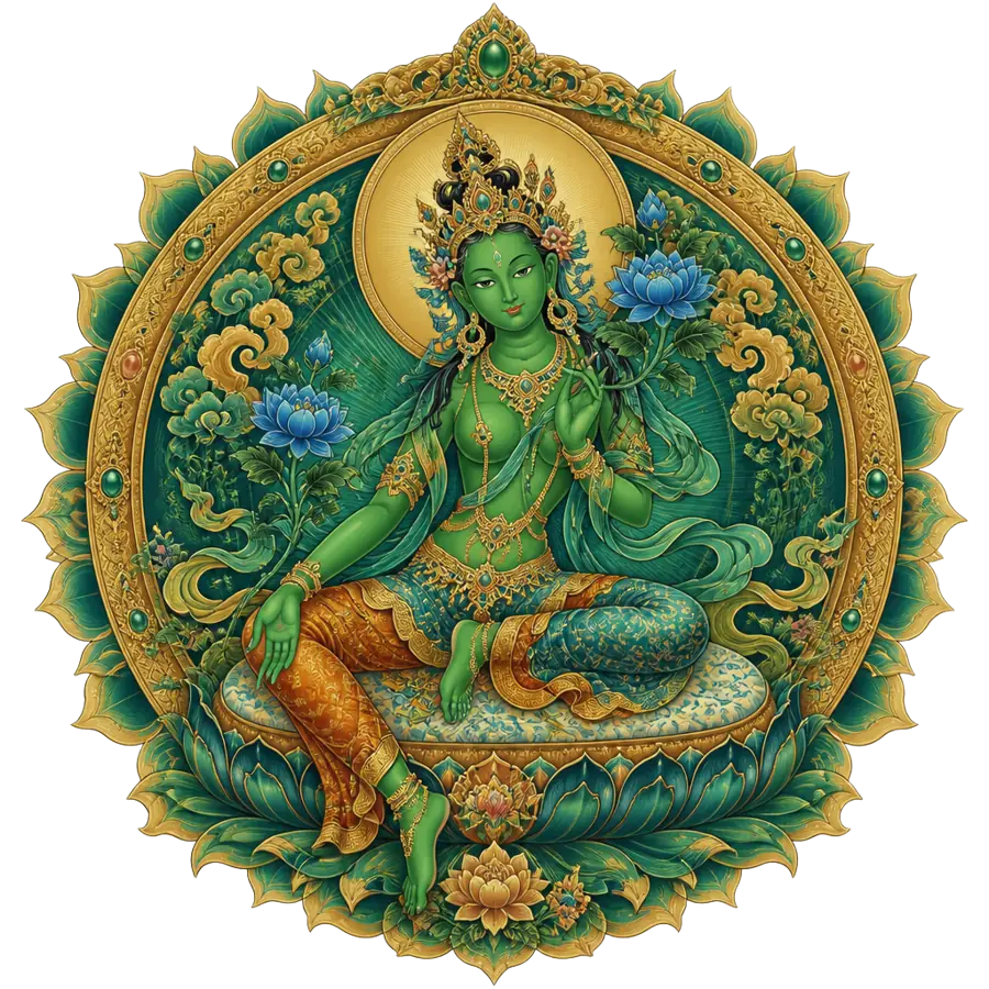 Green Tara Mantra sacred art — Green Tara seated with one foot extended in readiness, surrounded by blue lotuses and a golden mandala