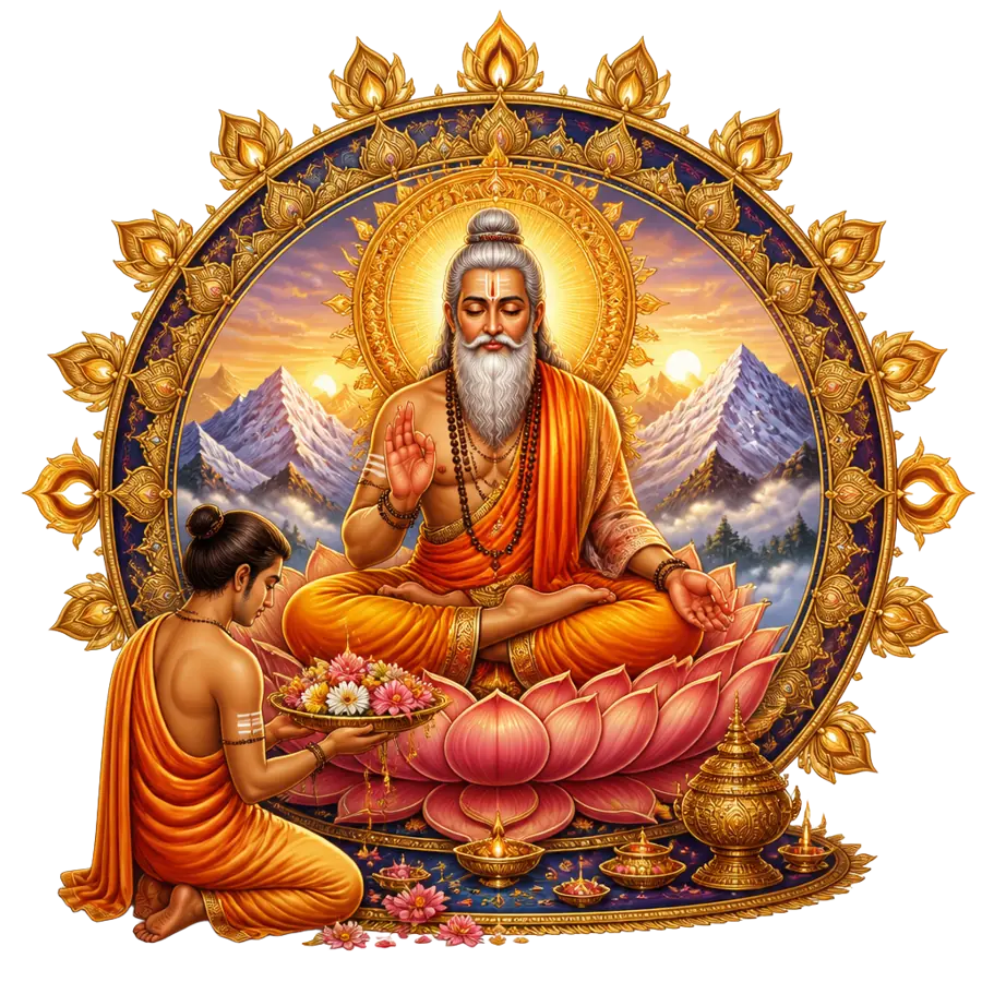Guru Mantra sacred art — a serene sage seated on a lotus blessing a kneeling disciple, framed by a golden Himalayan mandala with oil lamps