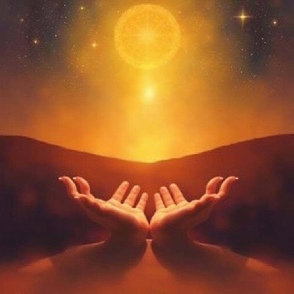 Sufi zikr sacred art for Hasbi Rabbi Jallallah — open palms of light raised beneath a golden star-filled sky above a desert horizon, an image of trust and surrender.