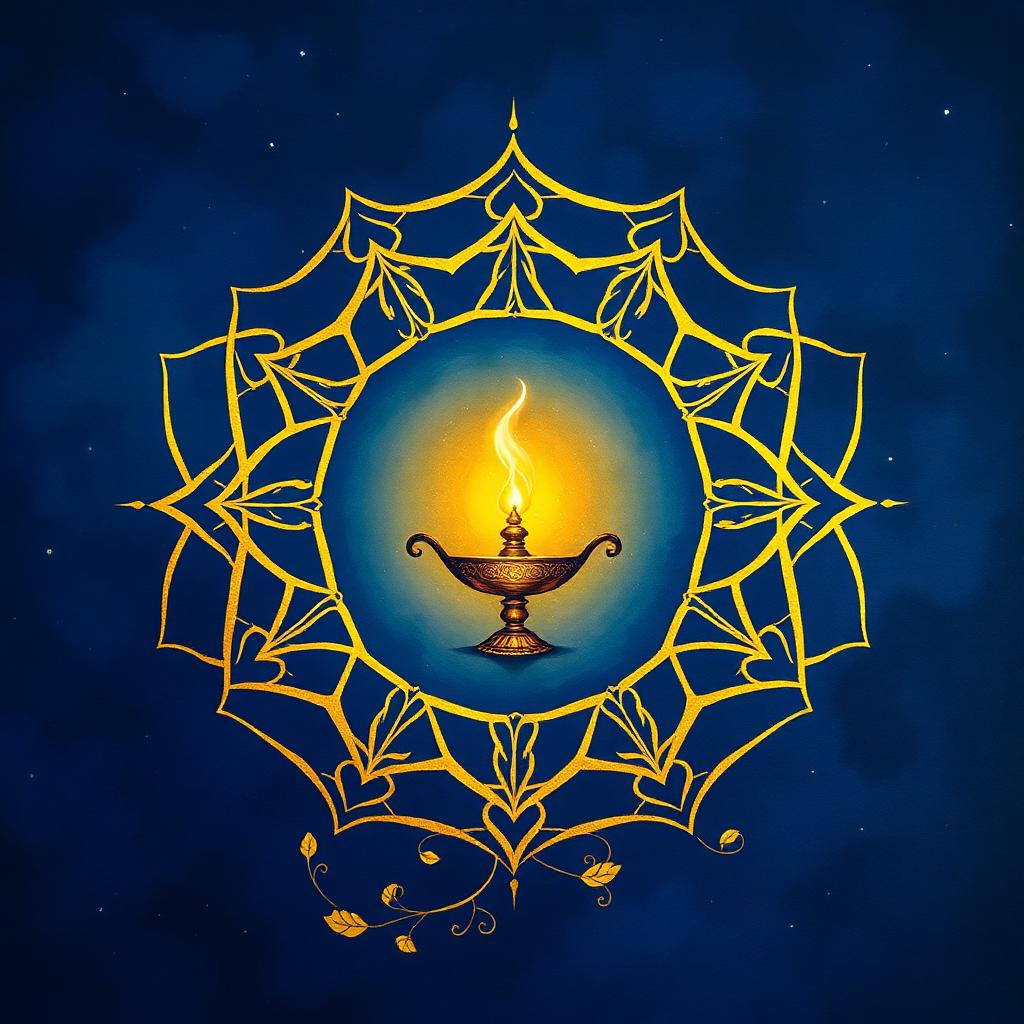 Sufi zikr sacred art for La ilaha illallah — a glowing golden lamp of divine unity at the centre of an Islamic geometric rosette on deep indigo night.