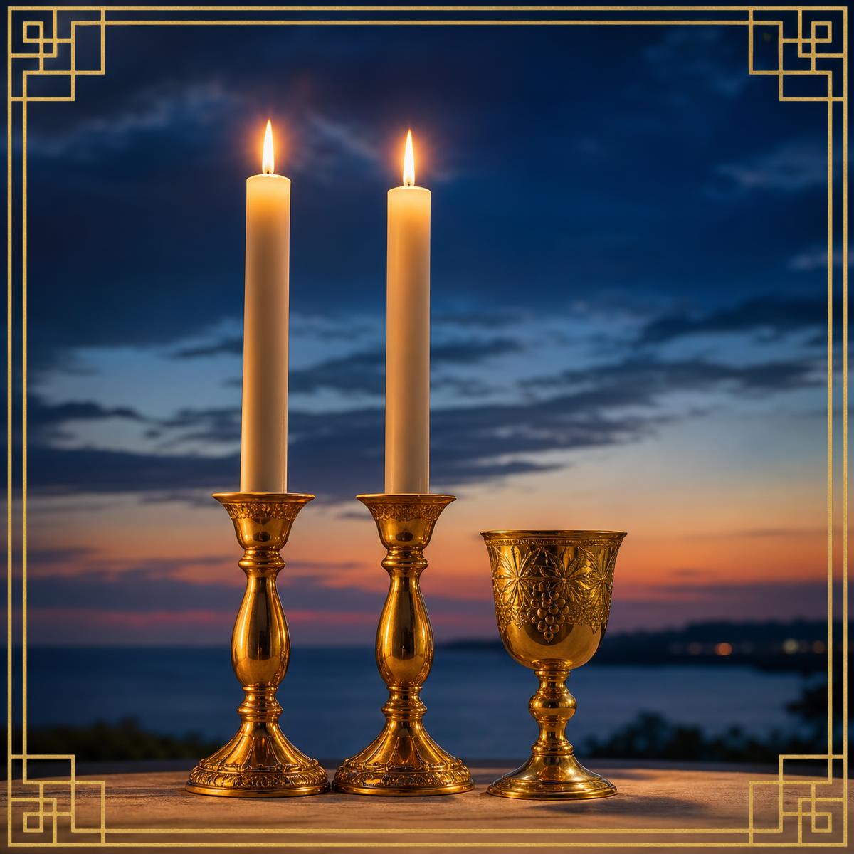 Sacred art for Shalom Aleichem — two lit golden Sabbath candles and an ornate kiddush cup against a deep midnight blue twilight sky, the warm glow of Shabbat welcome.