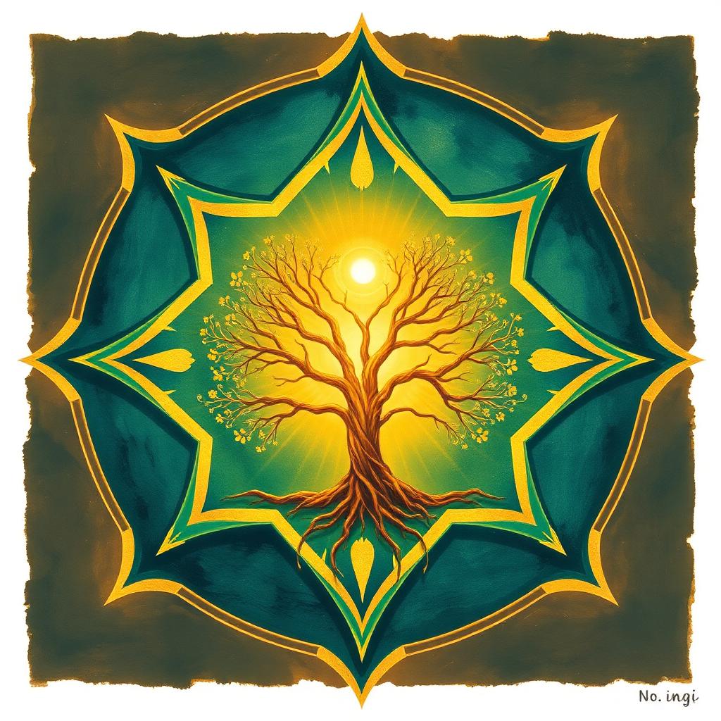 Sufi zikr sacred art for Ya Hayy Ya Qayyum — a radiant golden tree of life within an eight-pointed Islamic star on deep teal, symbolising the Ever-Living Sustainer.