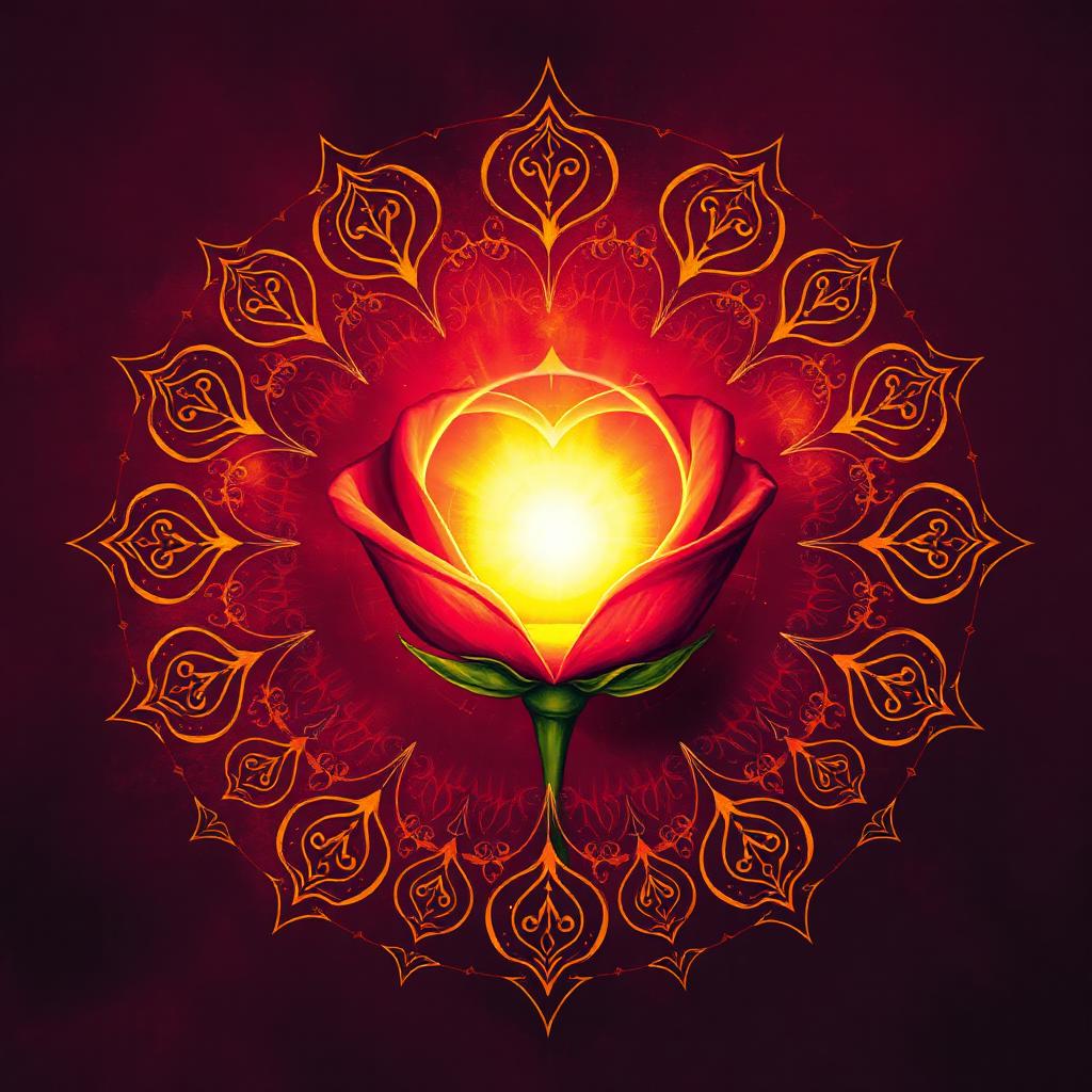 Sufi zikr sacred art for Ya Wadud — a glowing golden-hearted rose surrounded by radiating arabesque patterns on deep rose-plum, symbolising divine love.